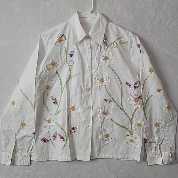 Women's Artistry Patchwork Floral Button Front Shirt Size M/L Sequin Embroidered - Picture 1 of 16